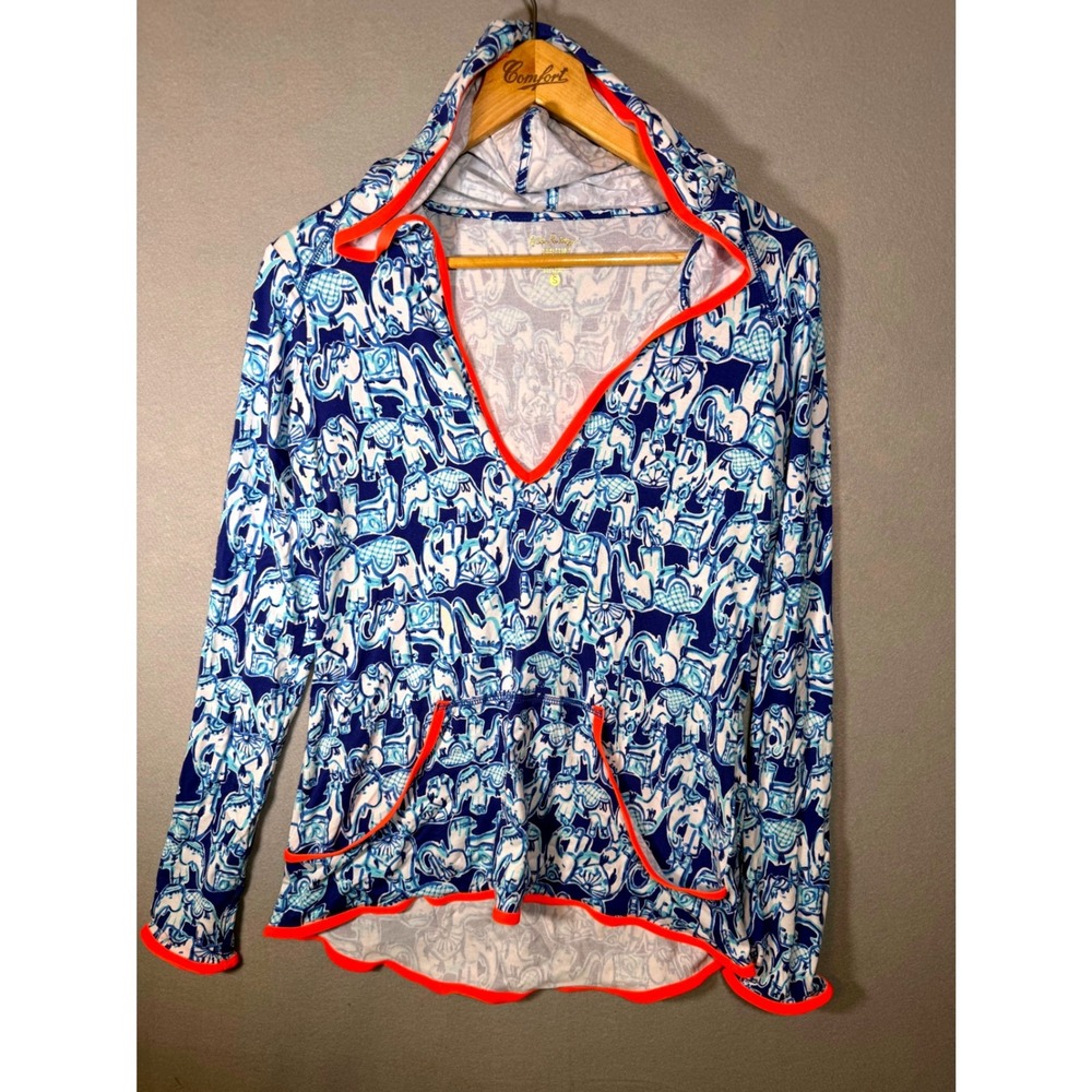 Lilly Pulitzer Luxletic Gabi Trunk Show Elephant Hoodie Blue UPF50+ Womens Small